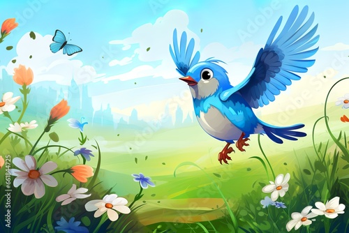 cartoon blue bird  flying between flowers and grass
