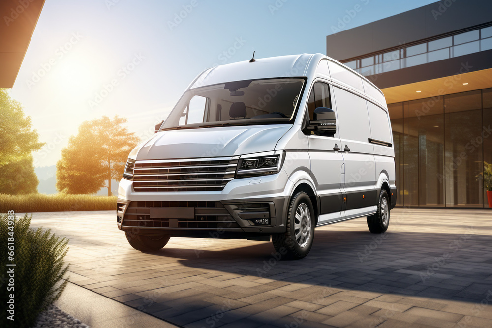 Modern delivery and retail service van. Transport logistics concept. Background with selective focus and copy space Modern delivery and retail service van. Transport logistics concept. Background with selective focus and copy space
