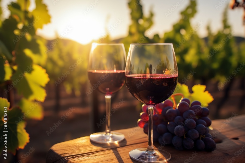 A glass of new vintage wine. Background with selective focus and copy space