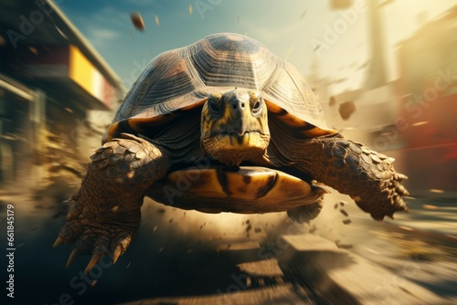 A turtle running at high speed with motion blur. Background with selective focus and copy space