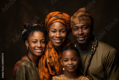 Family with mom, dad and daughter in traditional clothes on dark background