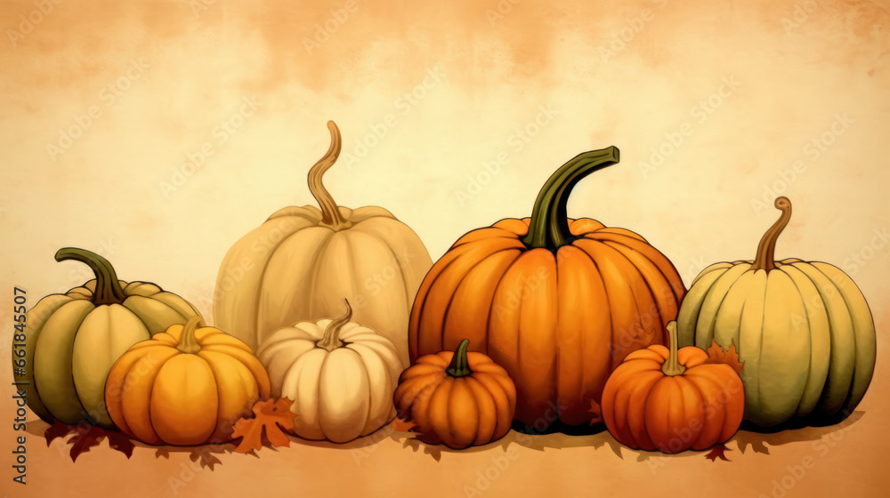 Illustration of a group of pumpkins in light brown tones