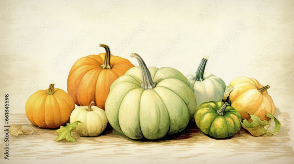 Illustration of a group of pumpkins in light lime tones Illustration of a group of pumpkins in light lime tones
