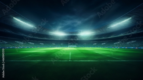 A vibrant soccer stadium illuminated under the night sky