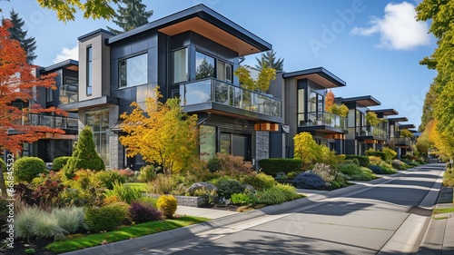 Row of recently built townhomes for sale in a suburban area of North America. photo