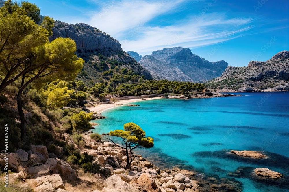 View of the sea and rocks from the high shore. Majorca - obrazy, fototapety, plakaty 