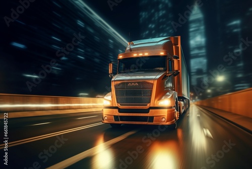 Truck driving on highway at night, blurred motion speed car lights. ai generative
