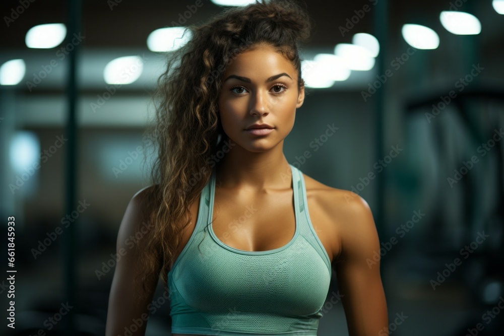 Woman athlete in the gym. Portrait with selective focus and copy space Woman athlete in the gym. Portrait with selective focus and copy space