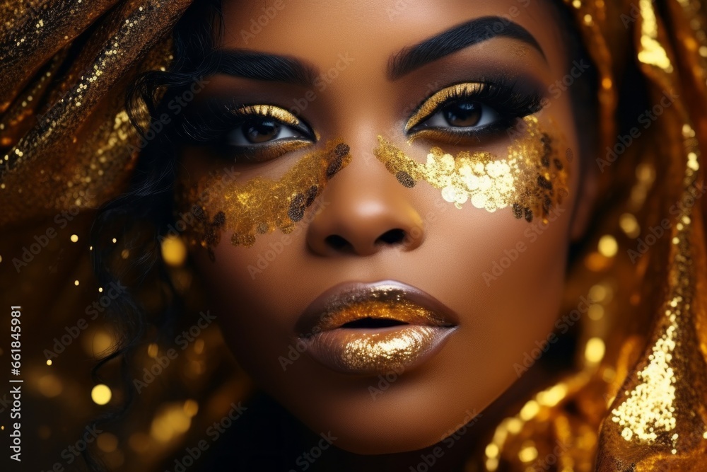 Model with gold glitter on her face. Creative portrait with selective focus and copy space Model with gold glitter on her face. Creative portrait with selective focus and copy space