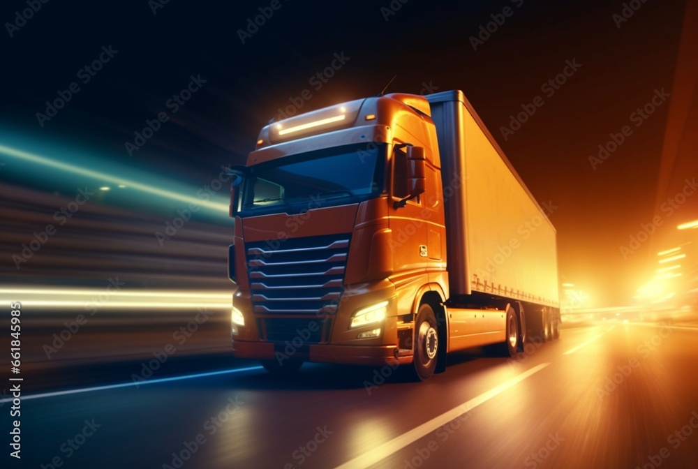 Truck driving on highway at night, blurred motion speed car lights. ai generative