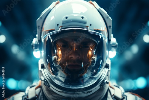 Cosmonaut or astronaut. Portrait of a spaceman with selective focus and copy space