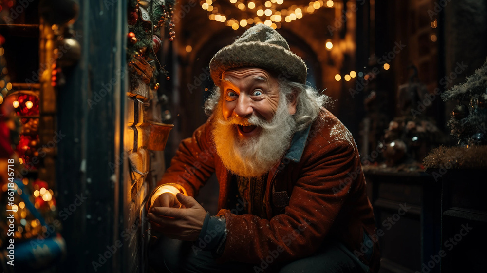 Fototapeta premium surprised latin senior man opening an apartment door, christmas decor