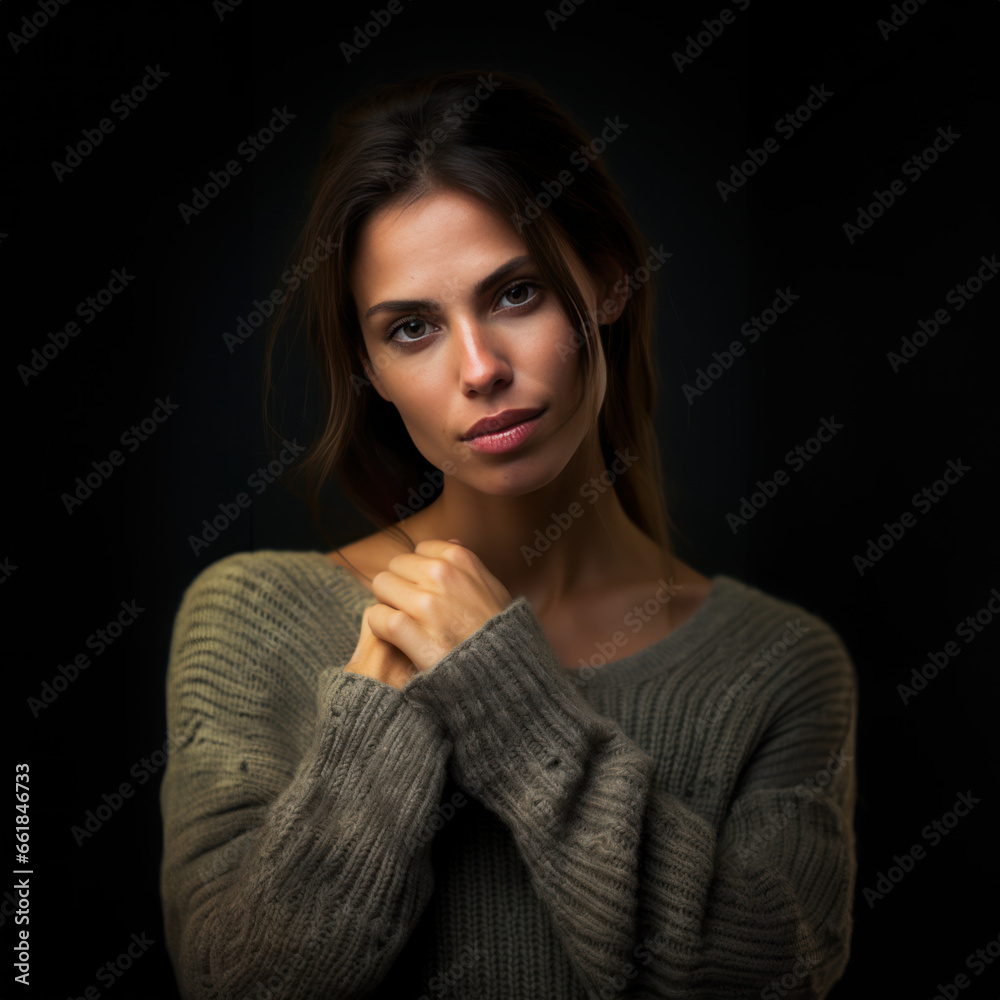 portrait studio d'une jeune femme portant un pull over gris portrait studio d'une jeune femme portant un pull over gris