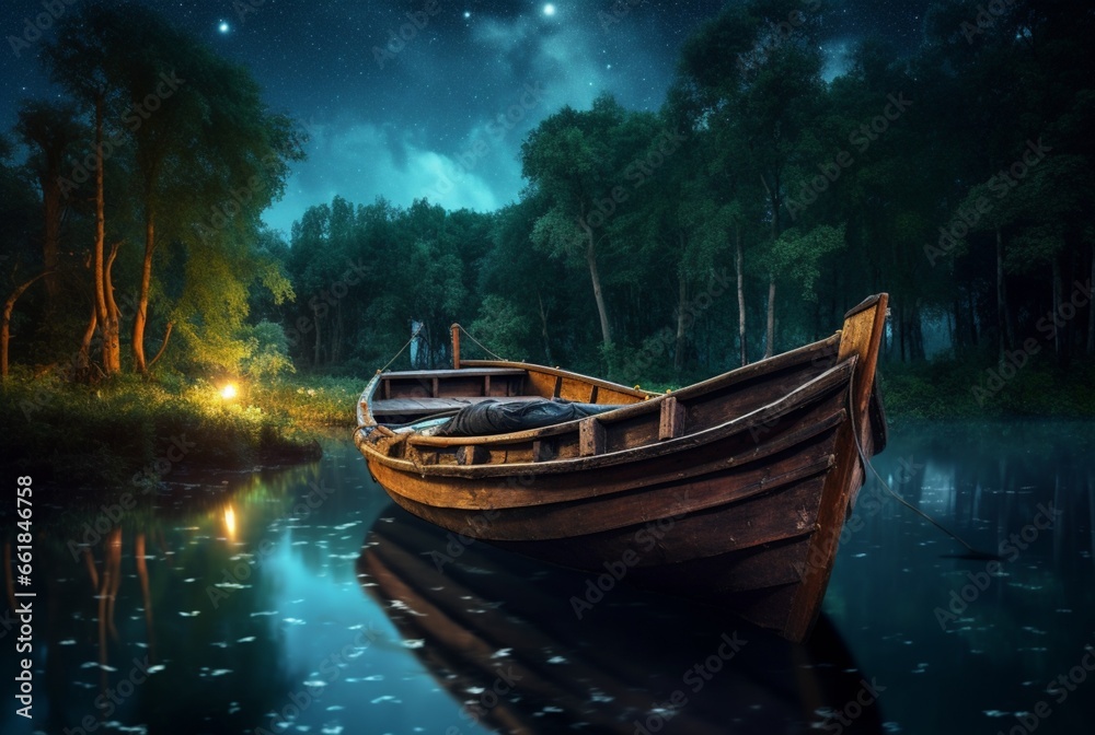 wooden boat on the river with the beauty of the night sky. ai generative wooden boat on the river with the beauty of the night sky. ai generative