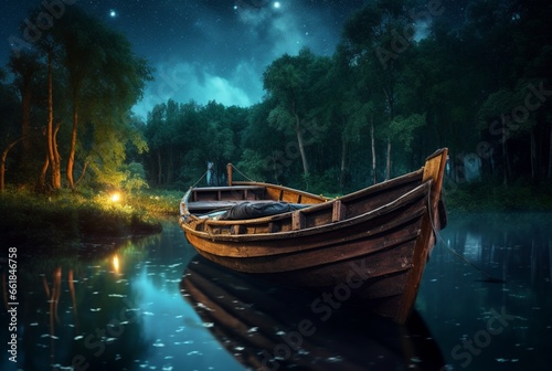 wooden boat on the river with the beauty of the night sky. ai generative