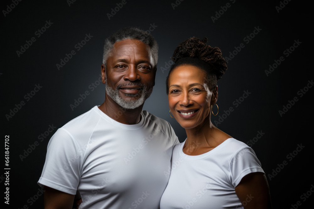 Obraz premium Portrait of a senior African couple in casual clothes on dark gray background