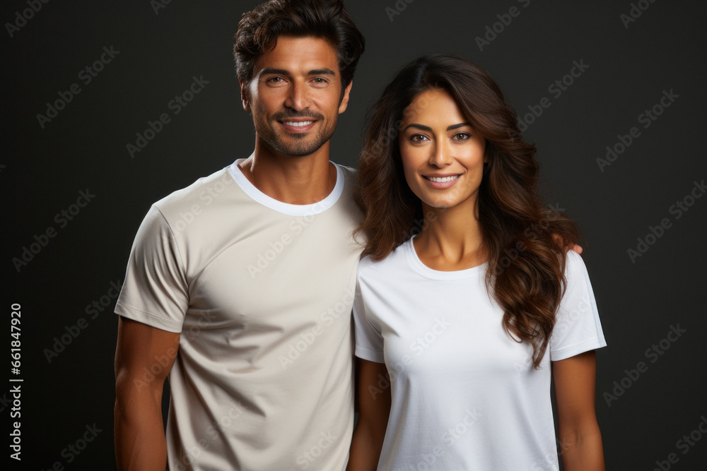 Fototapeta premium Portrait of young Indian couple in casual clothes on a light gray background