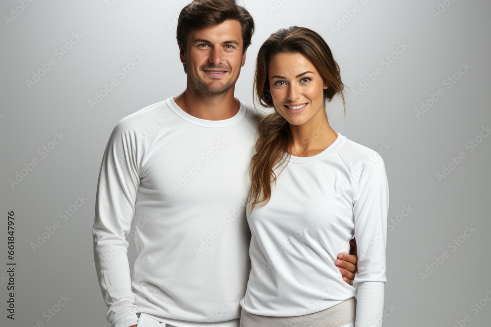 Portrait of young Caucasian couple in casual clothes on a light gray background Portrait of young Caucasian couple in casual clothes on a light gray background