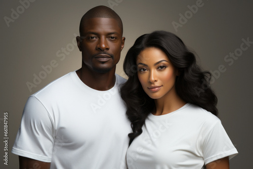 Portrait of young African couple in casual clothes on a light gray background