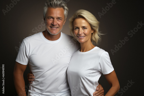 Portrait of a senior Caucasian couple in casual clothes on dark gray background
