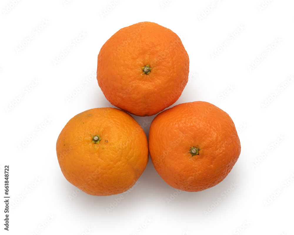 Top view of three orange tangerine isolated on white Top view of three orange tangerine isolated on white