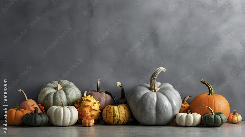 A group of pumpkins on a gray background or wallpaper - obrazy, fototapety, plakaty 