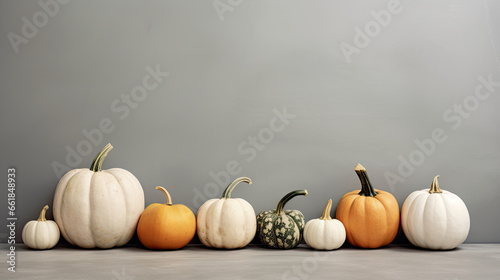 A group of pumpkins on a light gray background or wallpaper