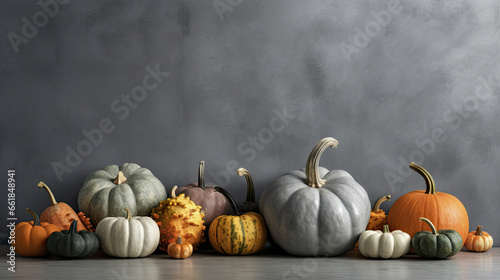 A group of pumpkins on a gray background or wallpaper