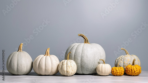 A group of pumpkins on a light gray background or wallpaper