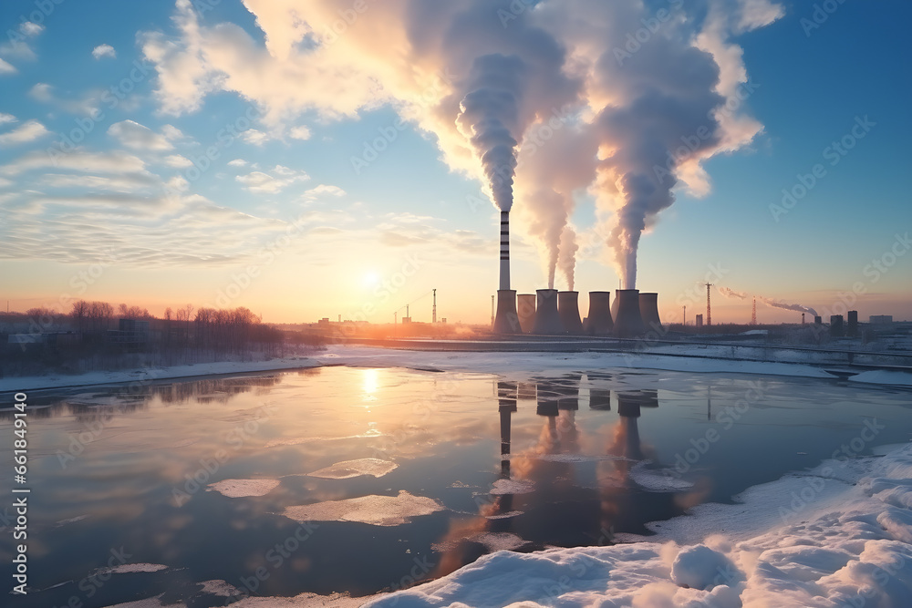 Industrial pollution, Smokestack pipes emitting CO2 from coal thermal power plant at sunset in a big city during winter