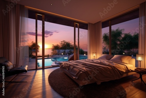 luxury bedroom with views of the pool and sunset in the evening. ai generative