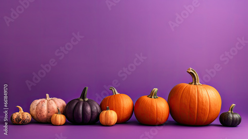 A group of pumpkins on a purple background or wallpaper