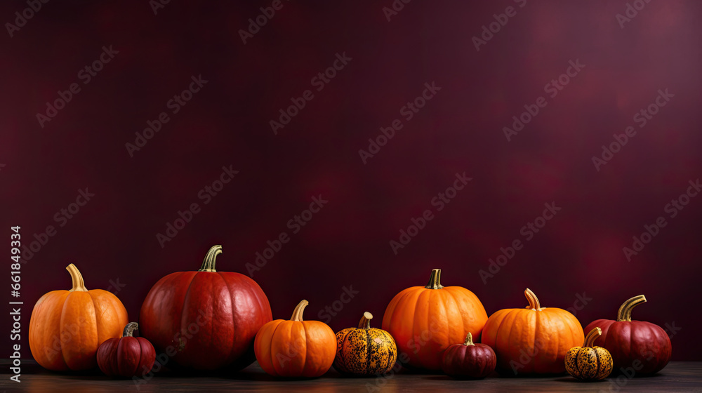 A group of pumpkins on a dark maroon background or wallpaper A group of pumpkins on a dark maroon background or wallpaper