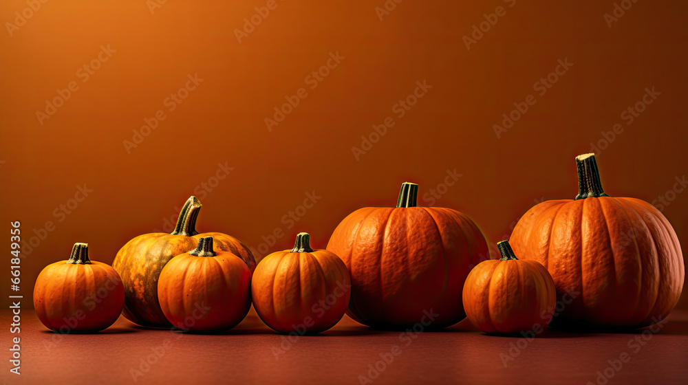 A group of pumpkins on a dark orange background or wallpaper A group of pumpkins on a dark orange background or wallpaper