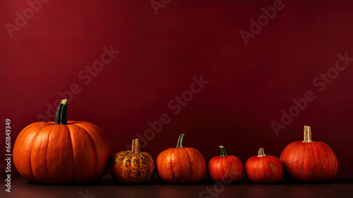 A group of pumpkins on a dark red background or wallpaper