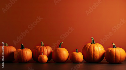 A group of pumpkins on a dark orange background or wallpaper