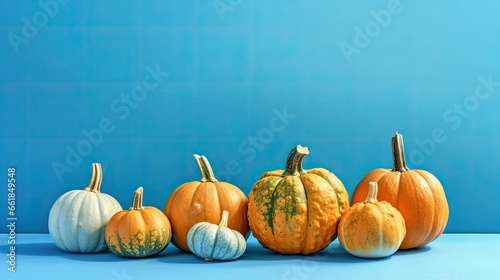 A group of pumpkins on a light blue background or wallpaper