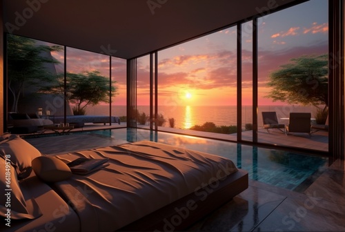 luxury bedroom with views of the pool and sunset in the evening. ai generative © LivroomStudio