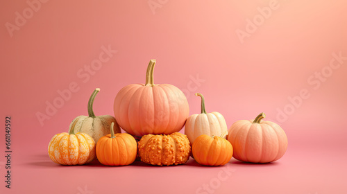 A group of pumpkins on a light pink background or wallpaper