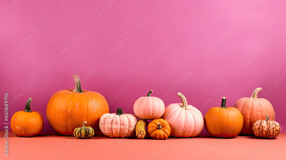 A group of pumpkins on a vivid pink background or wallpaper A group of pumpkins on a vivid pink background or wallpaper