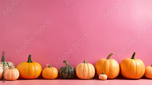 A group of pumpkins on a vivid pink background or wallpaper