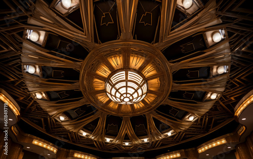 Auditorium luxury decorative ceiling with lights  wooden ceiling  art deco  made of wrought iron. 