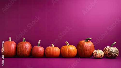 A group of pumpkins on a vivid magenta background or wallpaper