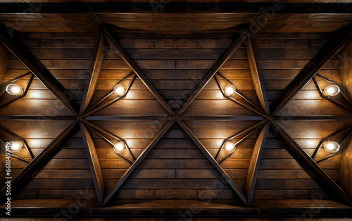 Auditorium luxury decorative ceiling with lights, wooden ceiling, art deco, made of wrought iron. 