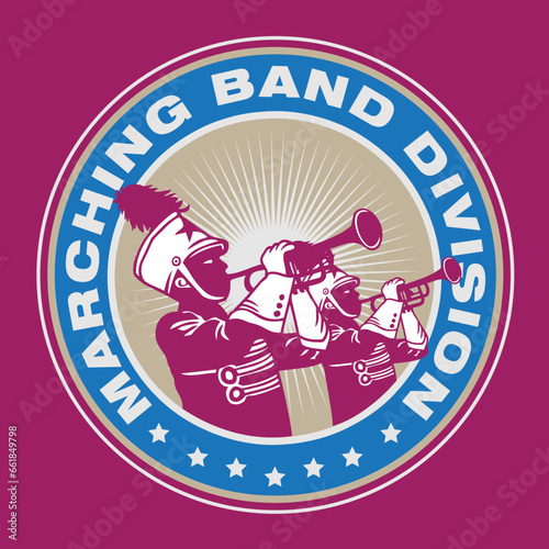 Hand Drawing Vector Illustration of Marching Band Trumpet Players in Emblem Style Design