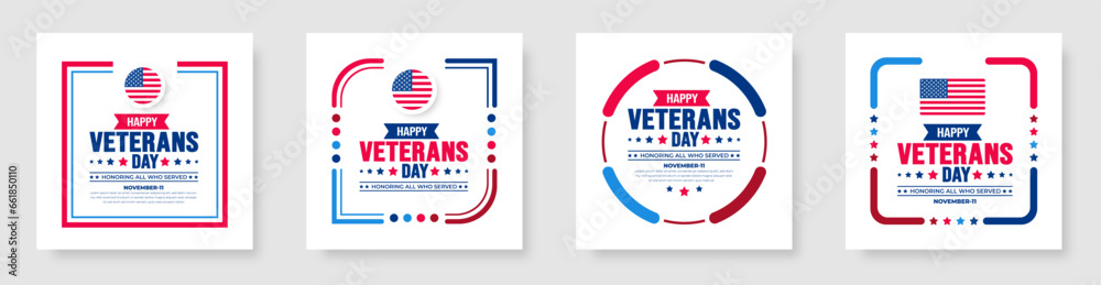 happy Veterans Day social media post banner design template set with american flag. Honoring all who served. background, banner, placard, card, and poster design template. Vector illustration. - obrazy, fototapety, plakaty 