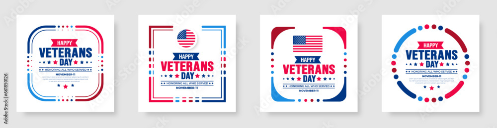 happy Veterans Day social media post banner design template set with american flag. Honoring all who served. background, banner, placard, card, and poster design template. Vector illustration. - obrazy, fototapety, plakaty 