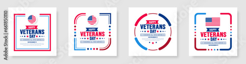 happy Veterans Day social media post banner design template set with american flag. Honoring all who served. background, banner, placard, card, and poster design template. Vector illustration.