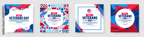 happy Veterans Day social media post banner design template set with american flag. Honoring all who served. background, banner, placard, card, and poster design template. Vector illustration.