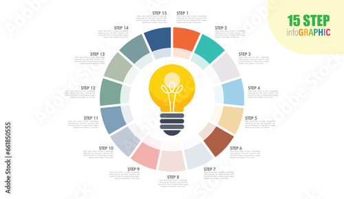Vector idea light bulb circle infographic template with 11 to 20 steps for graphs, charts, diagrams. Business concept with options, parts, steps, processes.